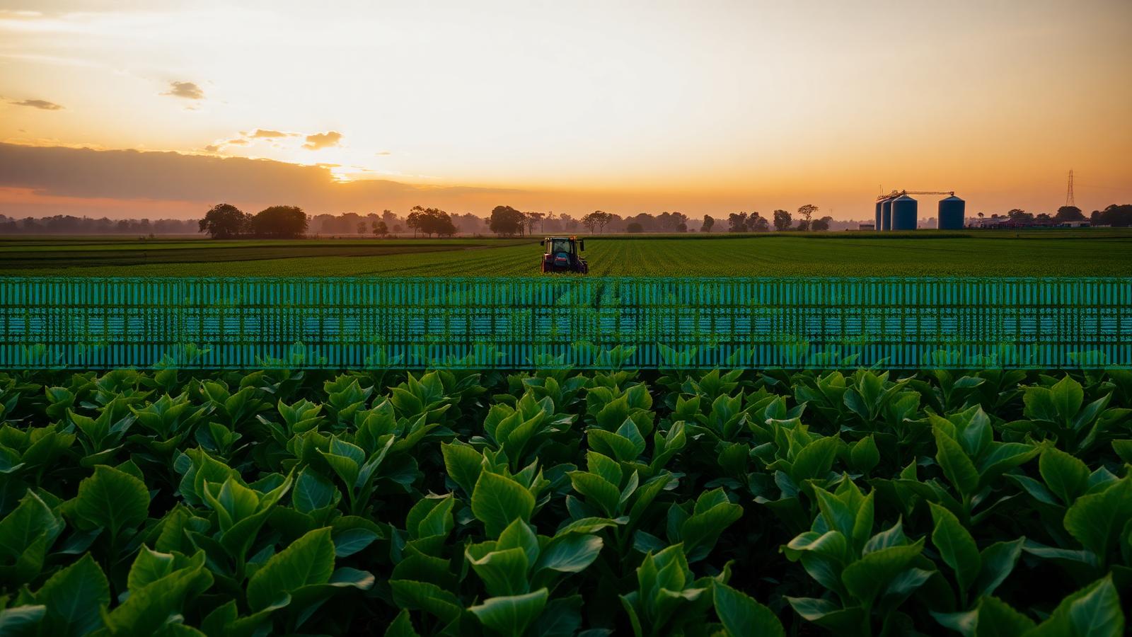Lavoura ao amanhecer com trator e silos, representando o MinCLOUD Agro