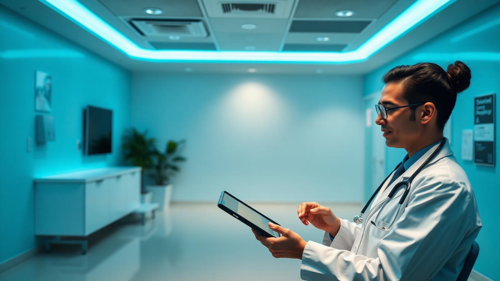 Consultório clínico moderno com profissional de saúde usando tablet, representando o MinCLOUD Clínica