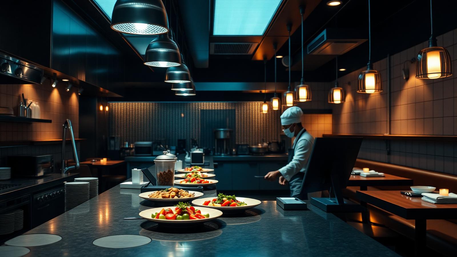 Cozinha profissional de restaurante com pratos montados, representando o MinCLOUD Food