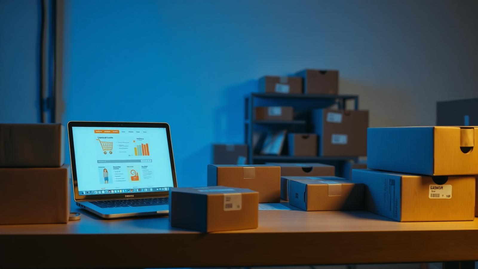 Notebook com loja virtual e caixas de encomendas, representando o MinCLOUD Shoop